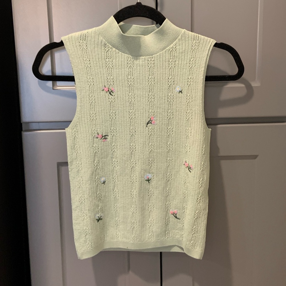 Zara Knit Green Floral embroidery Tank Top Sweater